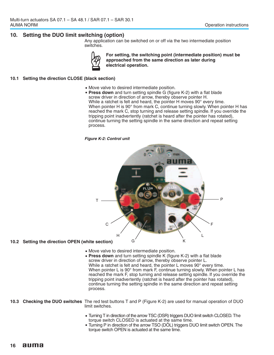 Setting the duo limit switching (option), 1 setting the direction close (black section), 2 setting the direction open (white section) | 3 checking the duo switches, Duo limit switching 16, Setting the direction close (black section), Setting the direction open (white section), Checking the duo switches | AUMA Electric multi-turn actuators SA 07.1 - 48.1_SAR 07.1 - 30.1 NORM User Manual | Page 16 / 32