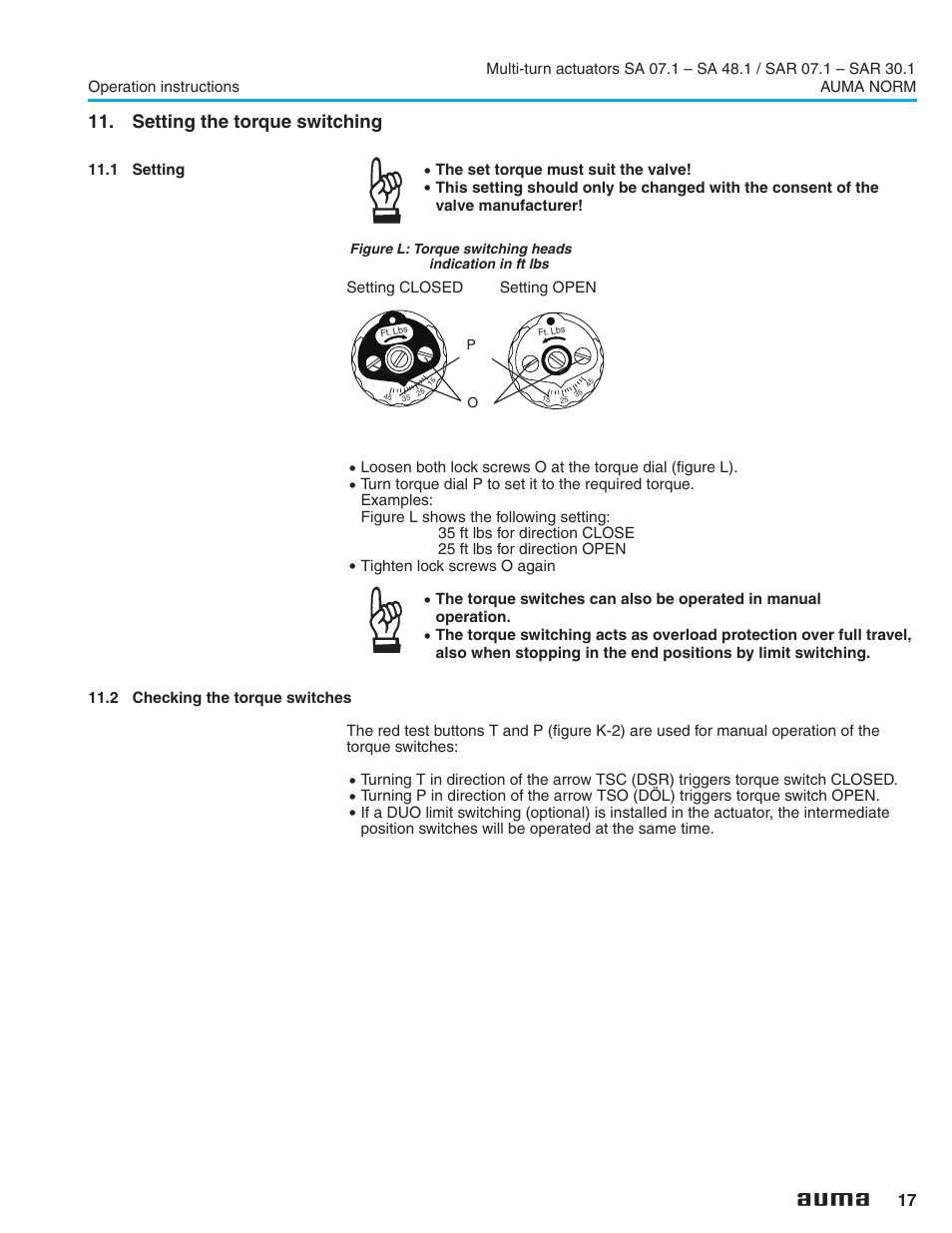 Setting the torque switching, 1 setting, 2 checking the torque switches | Torque setting 17, Tripping torque 17, Setting, Checking the torque switches | AUMA Electric multi-turn actuators SA 07.1 - 48.1_SAR 07.1 - 30.1 NORM User Manual | Page 17 / 32