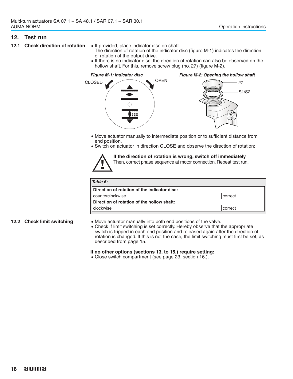 Test run, 1 check direction of rotation, 2 check limit switching | Test run 18, Check direction of rotation, Check limit switching | AUMA Electric multi-turn actuators SA 07.1 - 48.1_SAR 07.1 - 30.1 NORM User Manual | Page 18 / 32