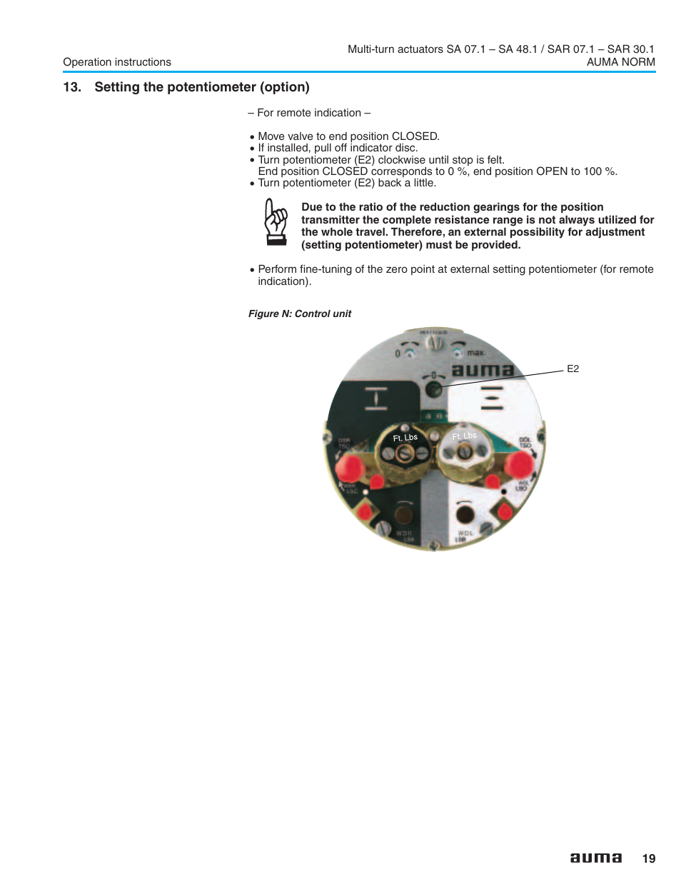Setting the potentiometer (option), Potentiometer 19, Remote indication 19,20 | AUMA Electric multi-turn actuators SA 07.1 - 48.1_SAR 07.1 - 30.1 NORM User Manual | Page 19 / 32