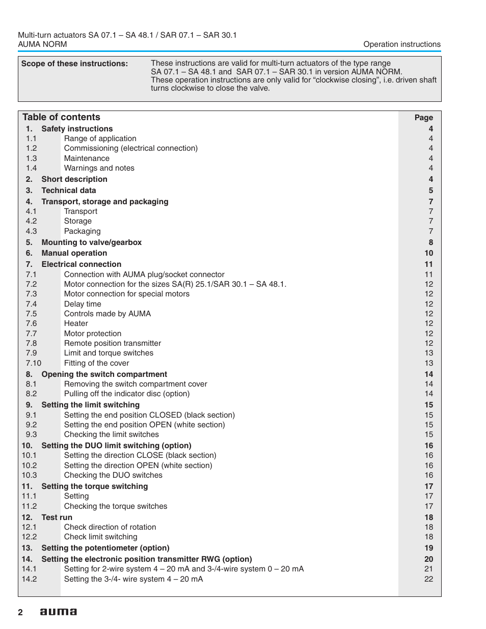 AUMA Electric multi-turn actuators SA 07.1 - 48.1_SAR 07.1 - 30.1 NORM User Manual | Page 2 / 32