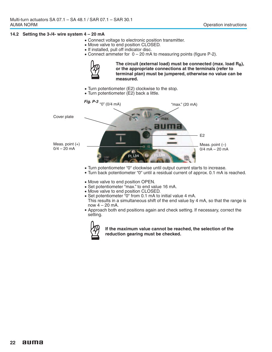 2 setting the 3-/4- wire system 4 – 20 ma, / 4-wire system 22, Setting the 3-/4- wire system 4 – 20 ma | AUMA Electric multi-turn actuators SA 07.1 - 48.1_SAR 07.1 - 30.1 NORM User Manual | Page 22 / 32
