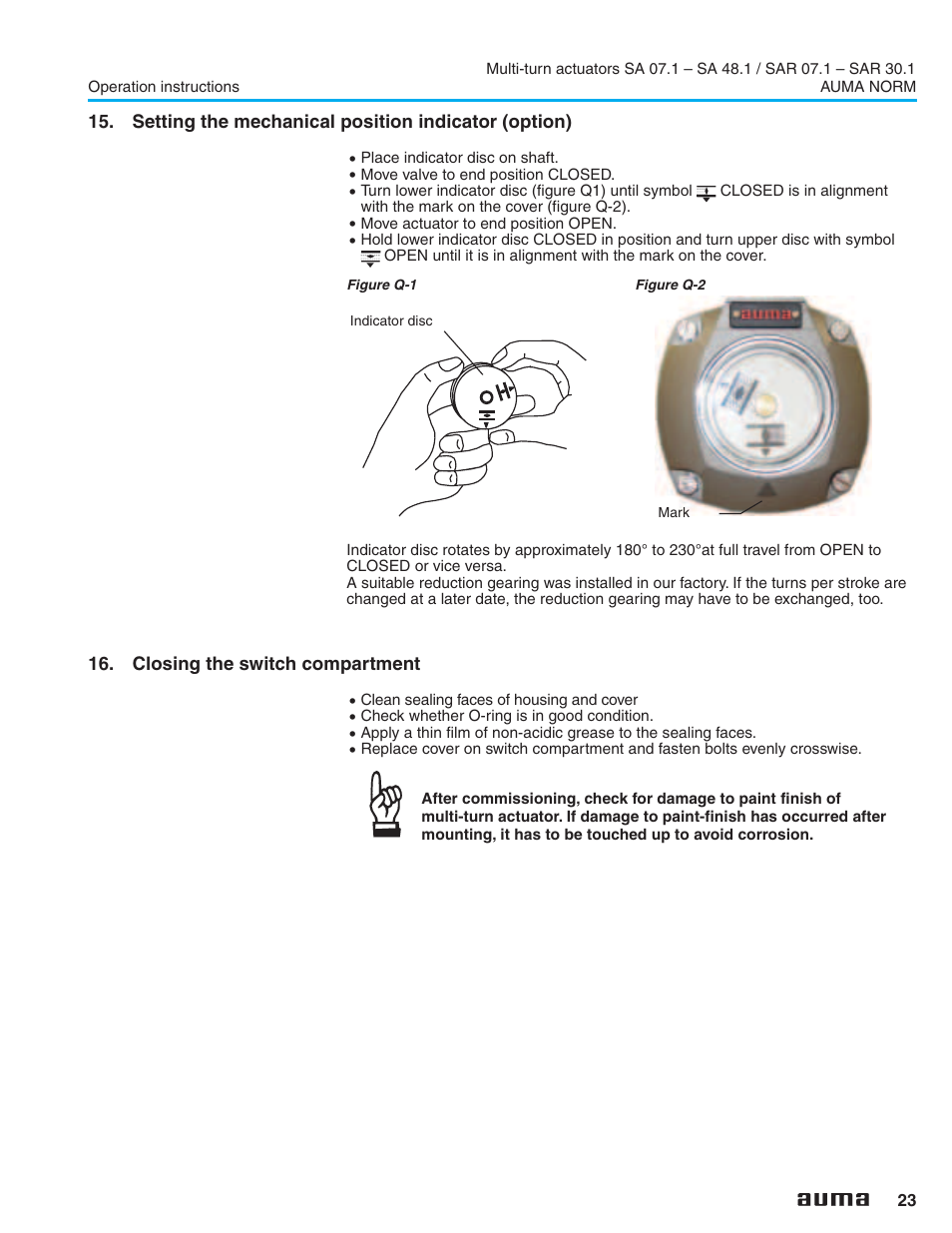 Setting the mechanical position indicator (option), Closing the switch compartment, Indicator disc 23 | Mechanical position indicator 23, Position indicator 23, ) require setting, 23, section 16.) | AUMA Electric multi-turn actuators SA 07.1 - 48.1_SAR 07.1 - 30.1 NORM User Manual | Page 23 / 32