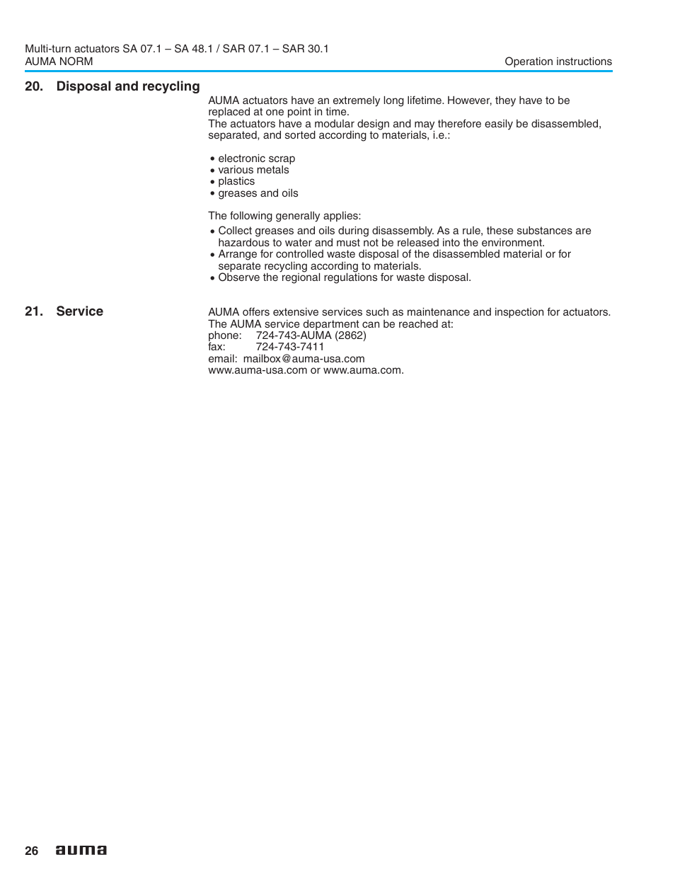 Disposal and recycling, Service, Service 26 | AUMA Electric multi-turn actuators SA 07.1 - 48.1_SAR 07.1 - 30.1 NORM User Manual | Page 26 / 32