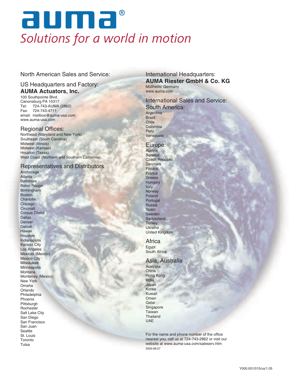 Regional offices, Representatives and distributors, International sales and service: south america | Europe, Africa, Asia, australia | AUMA Electric multi-turn actuators SA 07.1 - 48.1_SAR 07.1 - 30.1 NORM User Manual | Page 32 / 32