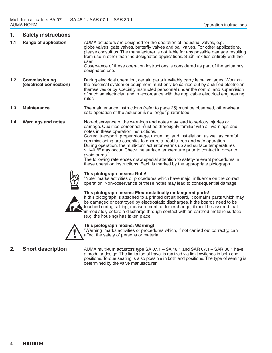 Safety instructions, 1 range of application, 2 commissioning(electrical connection) | 3 maintenance, 4 warnings and notes, Short description, Maintenance 4, Safety instructions 4, Range of application, Commissioning (electrical connection) | AUMA Electric multi-turn actuators SA 07.1 - 48.1_SAR 07.1 - 30.1 NORM User Manual | Page 4 / 32