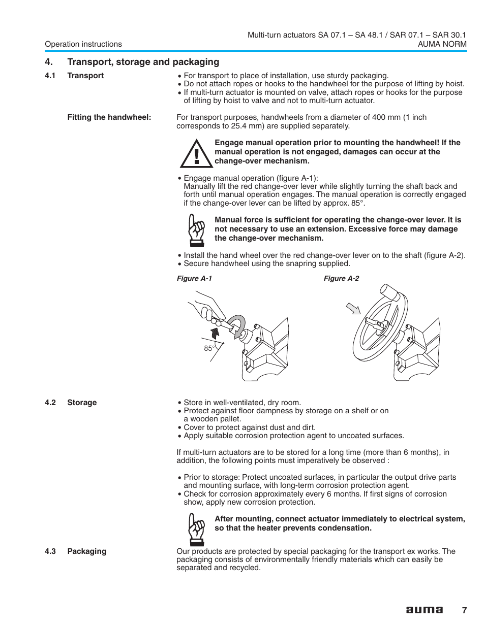 Transport, storage and packaging, 1 transport, 2 storage | 3 packaging, Corrosion protection 7, Packaging 7, Storage 7, Transport 7, Transport, Storage | AUMA Electric multi-turn actuators SA 07.1 - 48.1_SAR 07.1 - 30.1 NORM User Manual | Page 7 / 32