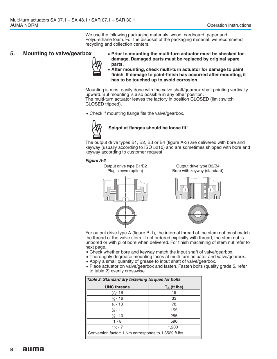 Mounting to valve/gearbox, Mounting to valve/gearbox 8, Output drive types 8 | AUMA Electric multi-turn actuators SA 07.1 - 48.1_SAR 07.1 - 30.1 NORM User Manual | Page 8 / 32