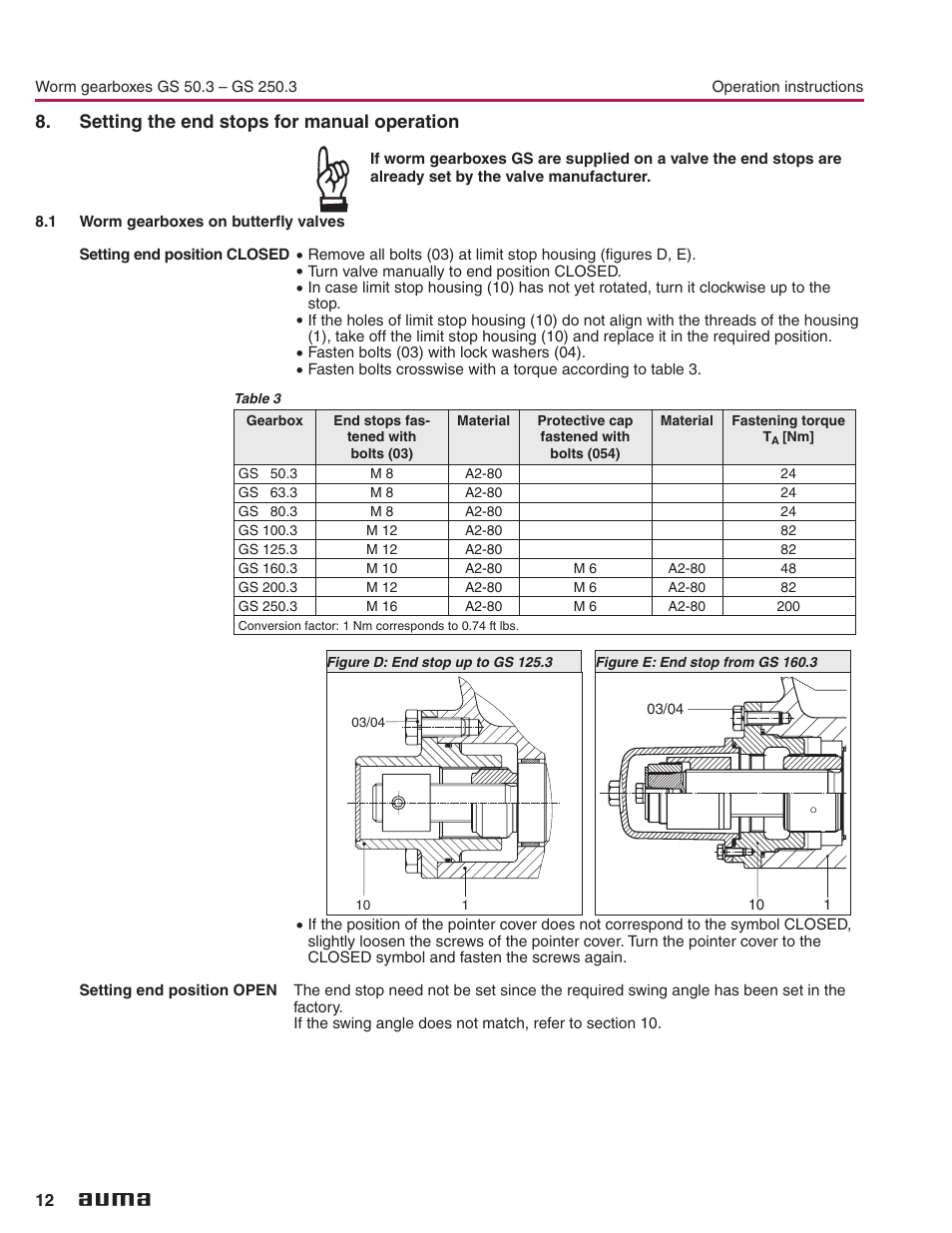 Setting the end stops for manual operation, 1 worm gearboxes on butterfly valves, Manual operation 12 | For manual operation 12, Worm gearboxes on butterfly valves | AUMA Part-turn gearboxes GS 50.3 - 250.3, primary reduction gearings VZ 2.3 - 4.3_GZ 160.3 - 250.3 User Manual | Page 12 / 32