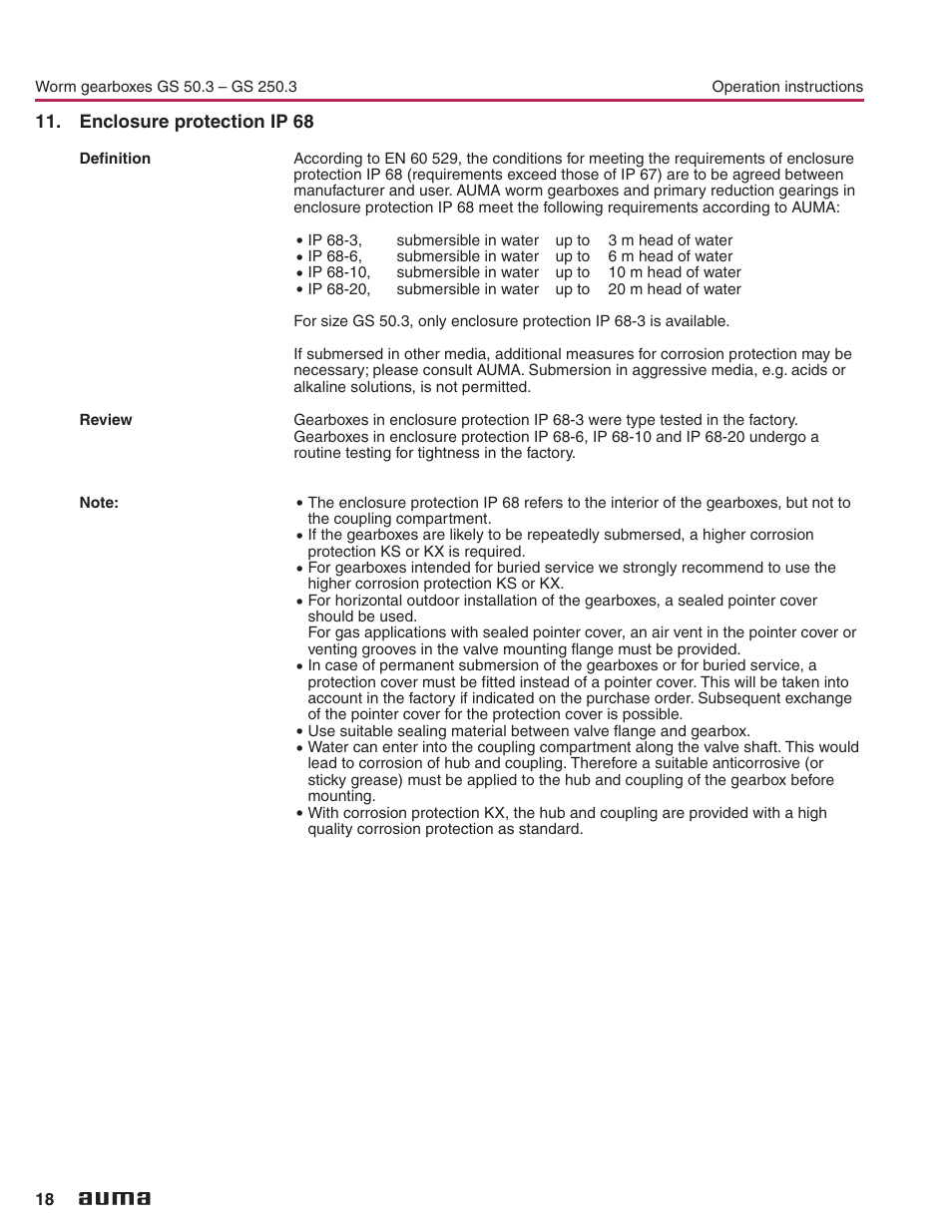 Enclosure protection ip 68, Enclosure protection ip 68 18 | AUMA Part-turn gearboxes GS 50.3 - 250.3, primary reduction gearings VZ 2.3 - 4.3_GZ 160.3 - 250.3 User Manual | Page 18 / 32