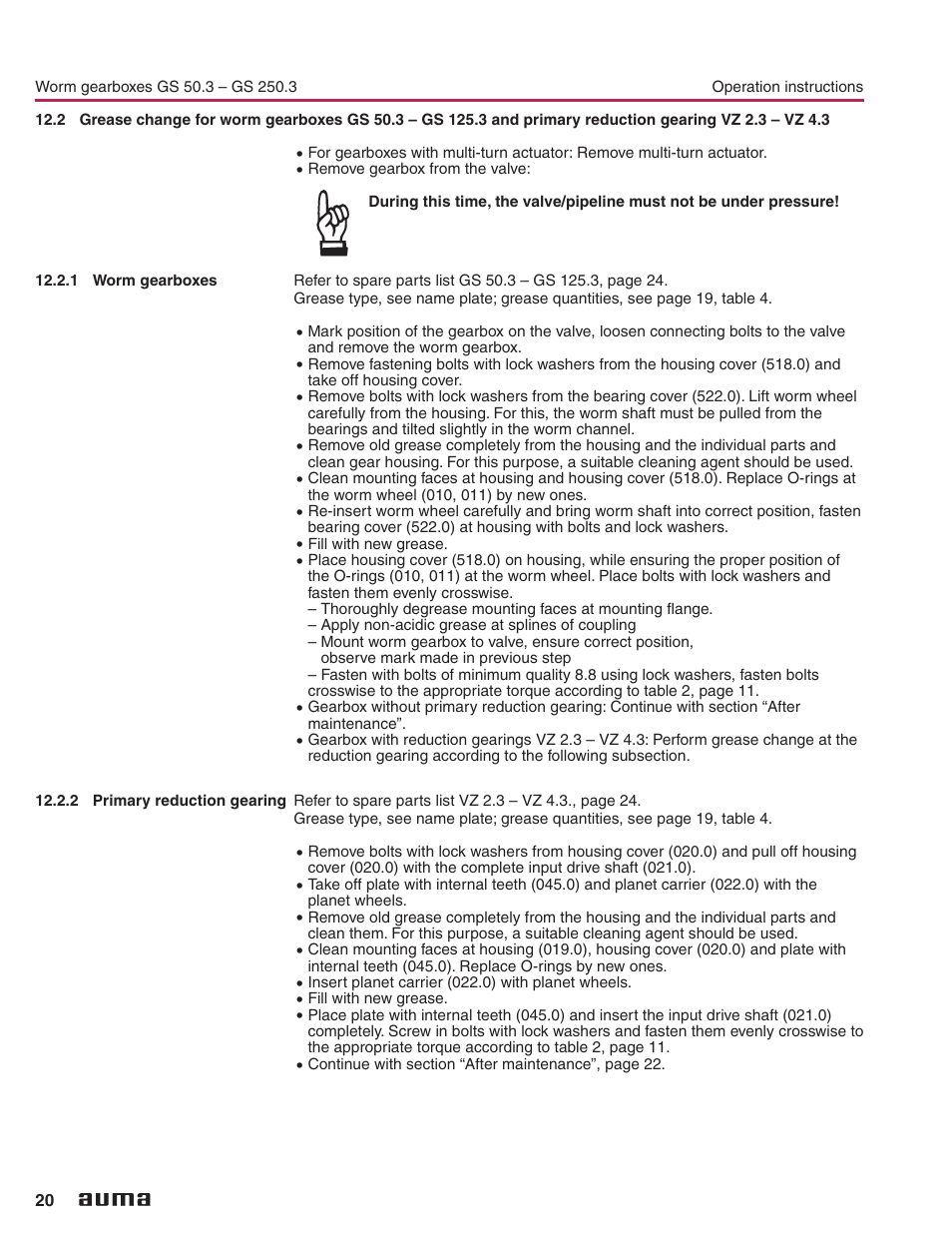1 worm gearboxes, 2 primary reduction gearing | AUMA Part-turn gearboxes GS 50.3 - 250.3, primary reduction gearings VZ 2.3 - 4.3_GZ 160.3 - 250.3 User Manual | Page 20 / 32