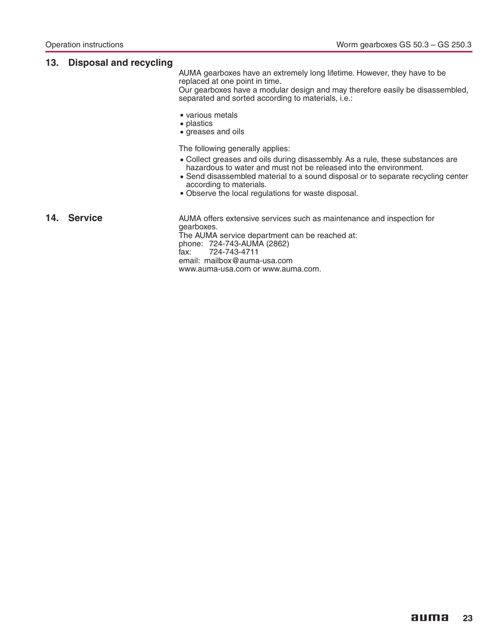 Disposal and recycling, Service, Disposal and recycling 23 | Service support/ parts 23 | AUMA Part-turn gearboxes GS 50.3 - 250.3, primary reduction gearings VZ 2.3 - 4.3_GZ 160.3 - 250.3 User Manual | Page 23 / 32