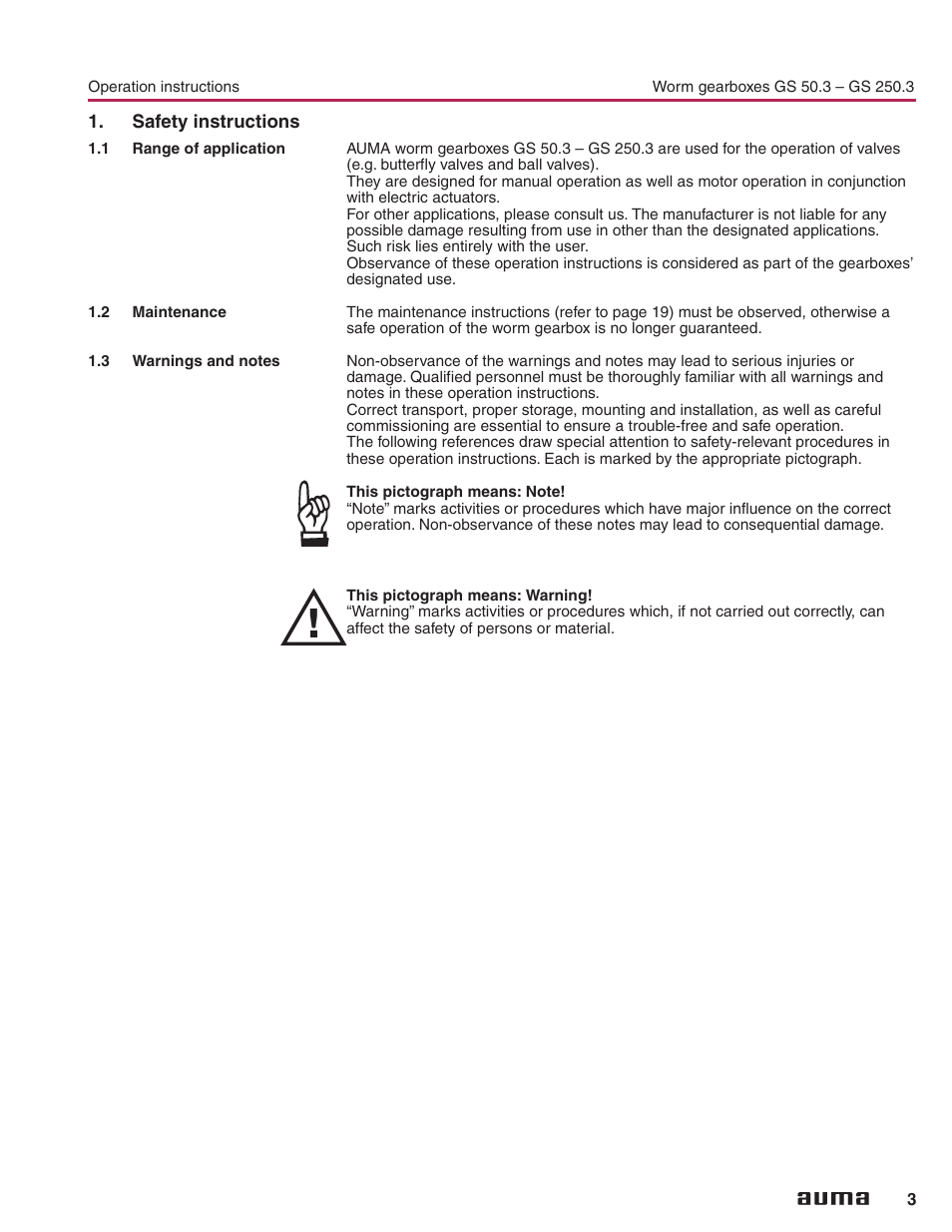 Safety instructions, 1 range of application, 2 maintenance | 3 warnings and notes, Maintenance 3,19, Range of application 3, Safety instructions 3, Range of application, Maintenance, Warnings and notes | AUMA Part-turn gearboxes GS 50.3 - 250.3, primary reduction gearings VZ 2.3 - 4.3_GZ 160.3 - 250.3 User Manual | Page 3 / 32