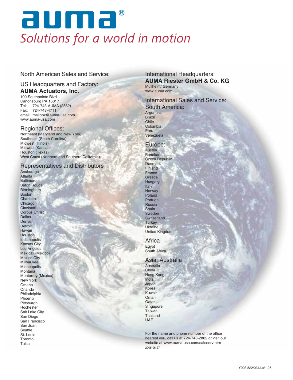 Regional offices, Representatives and distributors, International sales and service: south america | Europe, Africa, Asia, australia | AUMA Part-turn gearboxes GS 50.3 - 250.3, primary reduction gearings VZ 2.3 - 4.3_GZ 160.3 - 250.3 User Manual | Page 32 / 32