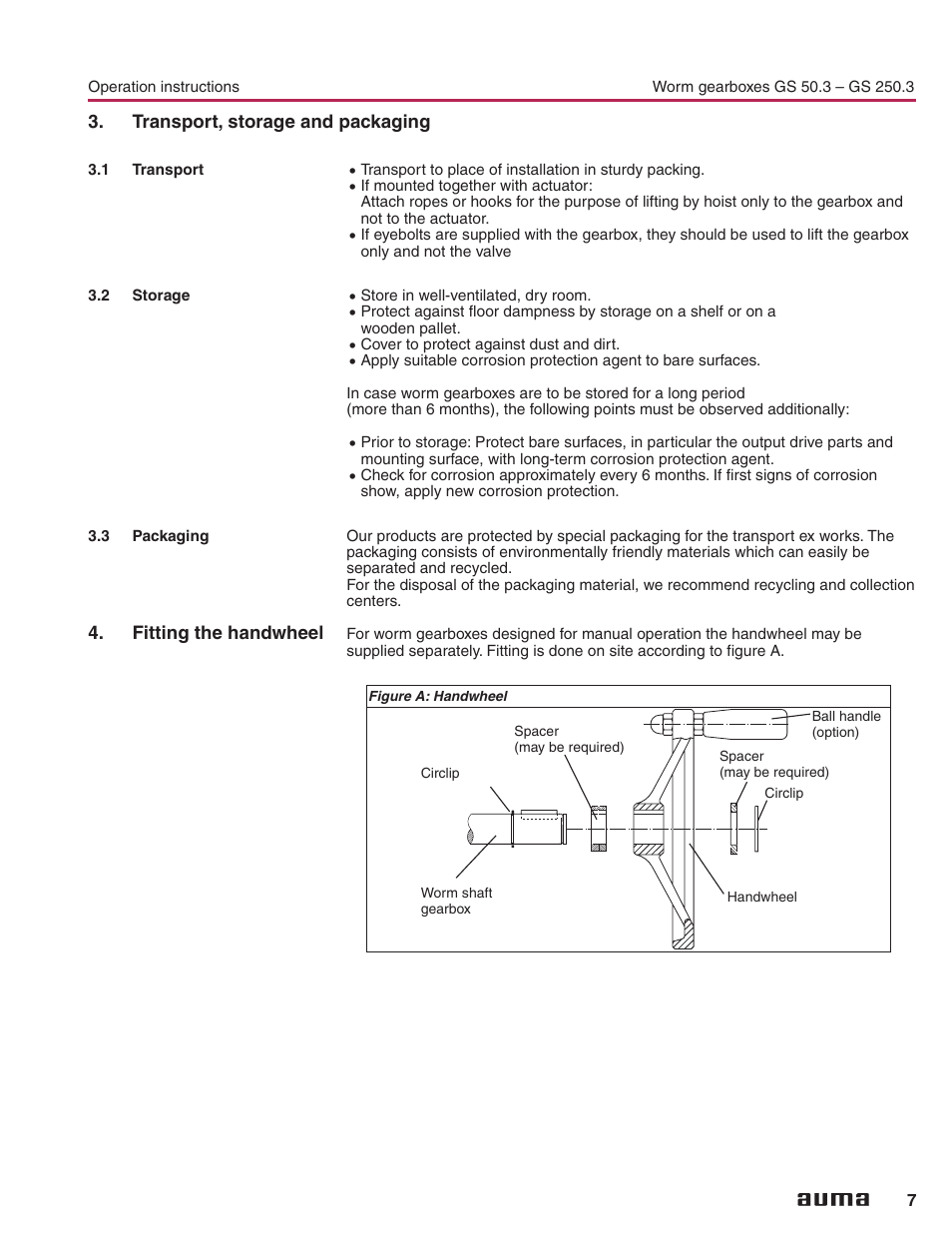 Transport, storage and packaging, 1 transport, 2 storage | 3 packaging, Fitting the handwheel, Corrosion protection 7, Fitting the handwheel 7, Handwheel 7, Packaging 7, Storage 7 | AUMA Part-turn gearboxes GS 50.3 - 250.3, primary reduction gearings VZ 2.3 - 4.3_GZ 160.3 - 250.3 User Manual | Page 7 / 32