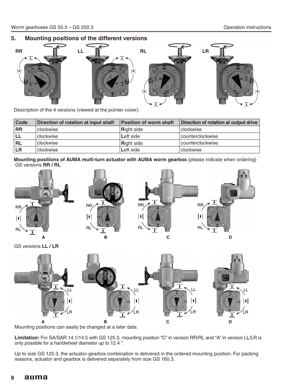 Mounting positions of the different versions, Mounting positions 8 | AUMA Part-turn gearboxes GS 50.3 - 250.3, primary reduction gearings VZ 2.3 - 4.3_GZ 160.3 - 250.3 User Manual | Page 8 / 32