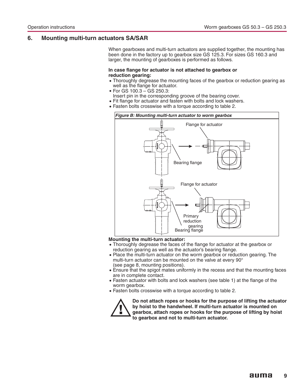 Mounting multi-turn actuators sa/sar, Mounting the multi-turn actuators 9 | AUMA Part-turn gearboxes GS 50.3 - 250.3, primary reduction gearings VZ 2.3 - 4.3_GZ 160.3 - 250.3 User Manual | Page 9 / 32
