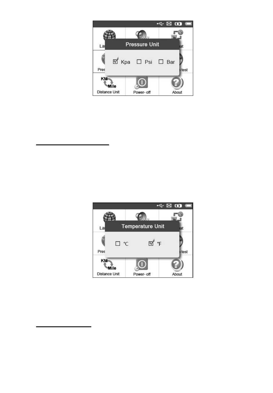 Temperature unit, Wheels to test | Autel MaxiTPMS TS501 User Manual | Page 13 / 47