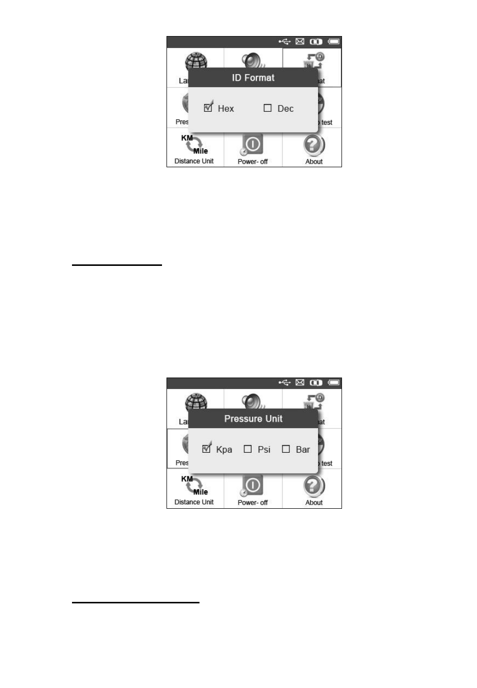 Pressure unit, Temperature unit | Autel MaxiTPMS TS601 User Manual | Page 14 / 73