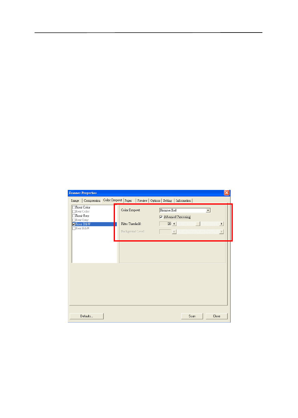 The color dropout tab, Color dropout selection, The color dropout tab -19 | Color dropout selection -19 | Avision AV320 (FT-0604H) User Manual | Page 46 / 79
