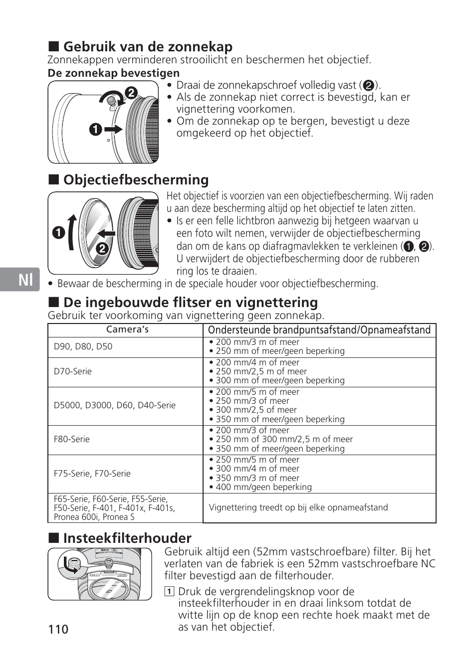 Jp en de fr es se ru nl it ck ch kr, Gebruik van de zonnekap, Objectiefbescherming | De ingebouwde flitser en vignettering, Insteekfilterhouder | Nikon 200-400mm f 4G ED AF-S VR II Zoom-Nikkor User Manual | Page 110 / 212