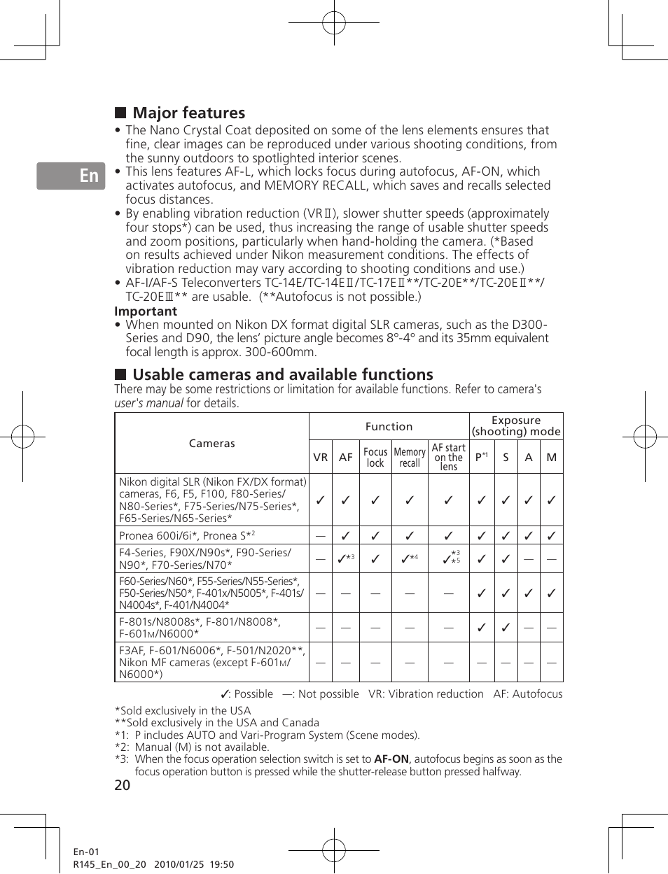 Jp en de fr es se ru nl it ck ch kr, Major features, Usable cameras and available functions | Nikon 200-400mm f 4G ED AF-S VR II Zoom-Nikkor User Manual | Page 20 / 212