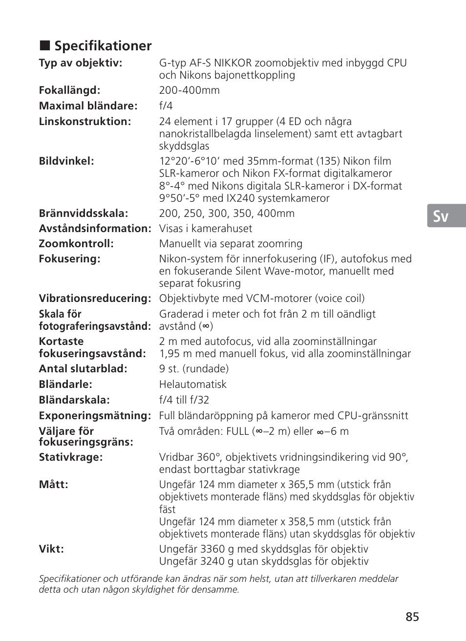 Jp en de fr es sv ru nl it ck ch kr | Nikon 200-400mm f 4G ED AF-S VR II Zoom-Nikkor User Manual | Page 85 / 212