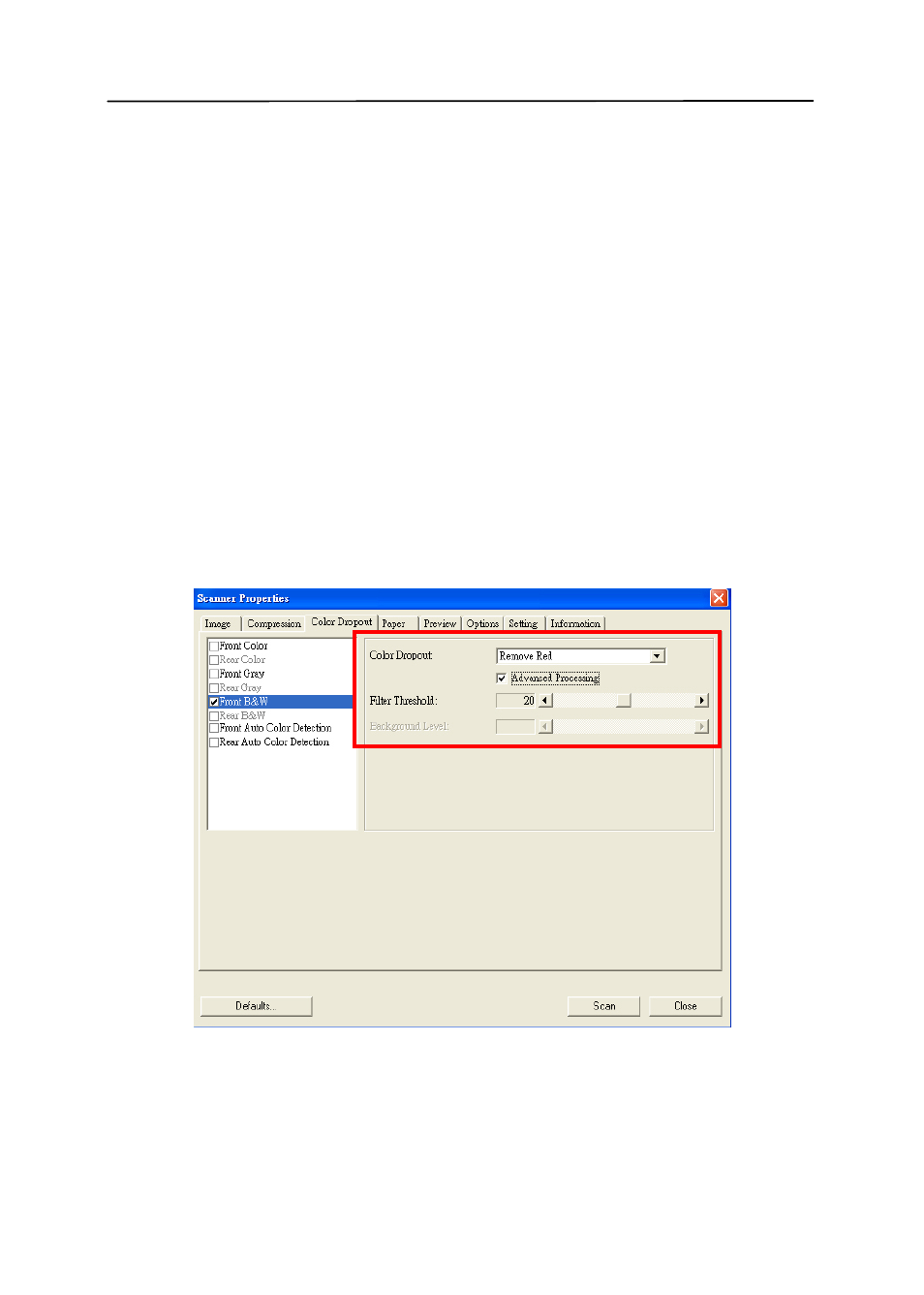 4 the color dropout tab, 1 color dropout selection, The color dropout tab -23 | Color dropout selection -23 | Avision AV220C2 (300500003) User Manual | Page 48 / 95