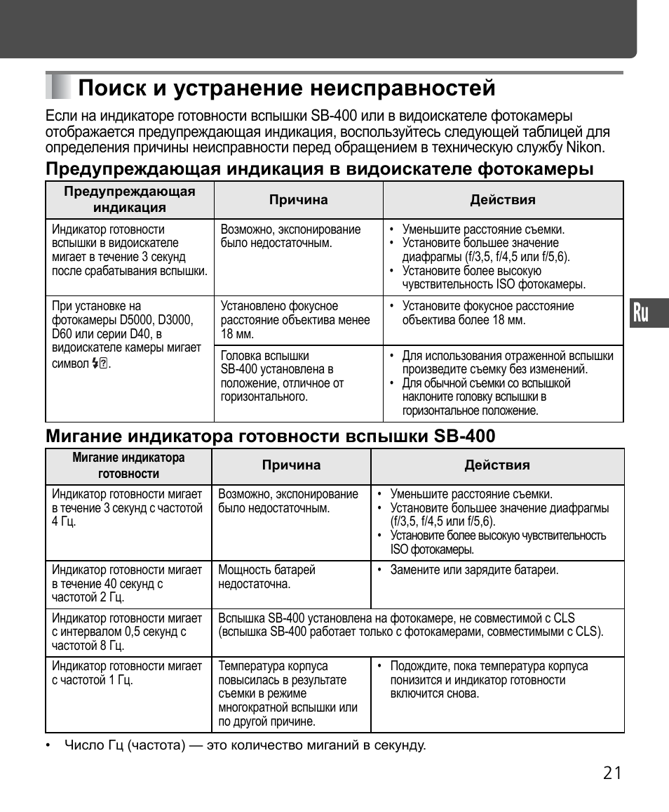 Поиск и устранение неисправностей | Nikon SB-400 User Manual | Page 119 / 220