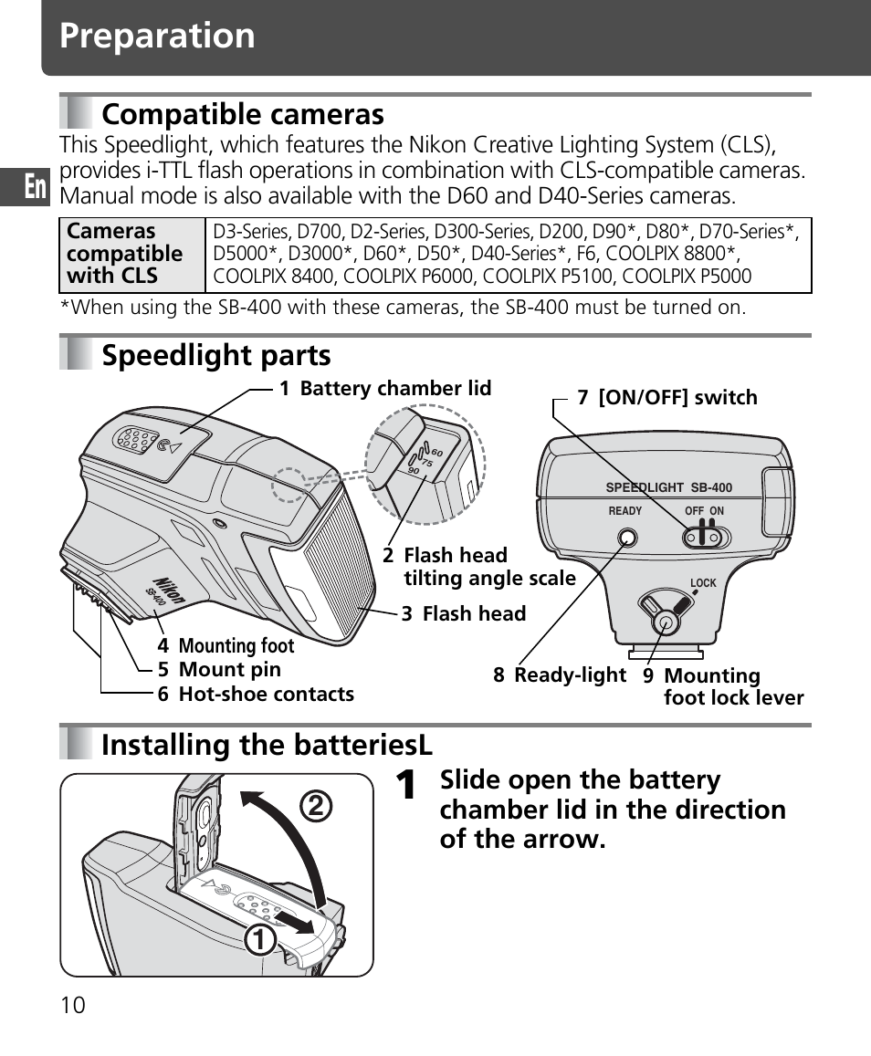 Preparation, Compatible cameras, Speedlight parts installing the batteriesl | Nikon SB-400 User Manual | Page 12 / 220