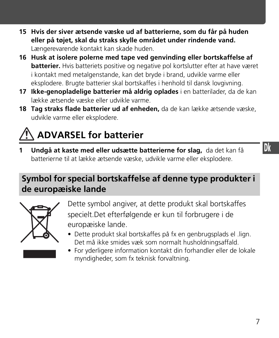 Advarsel for batterier | Nikon SB-400 User Manual | Page 129 / 220