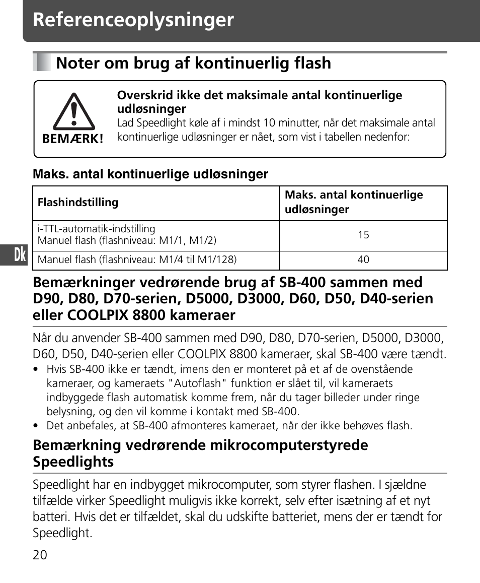 Noter om brug af kontinuerlig flash, Referenceoplysninger | Nikon SB-400 User Manual | Page 142 / 220