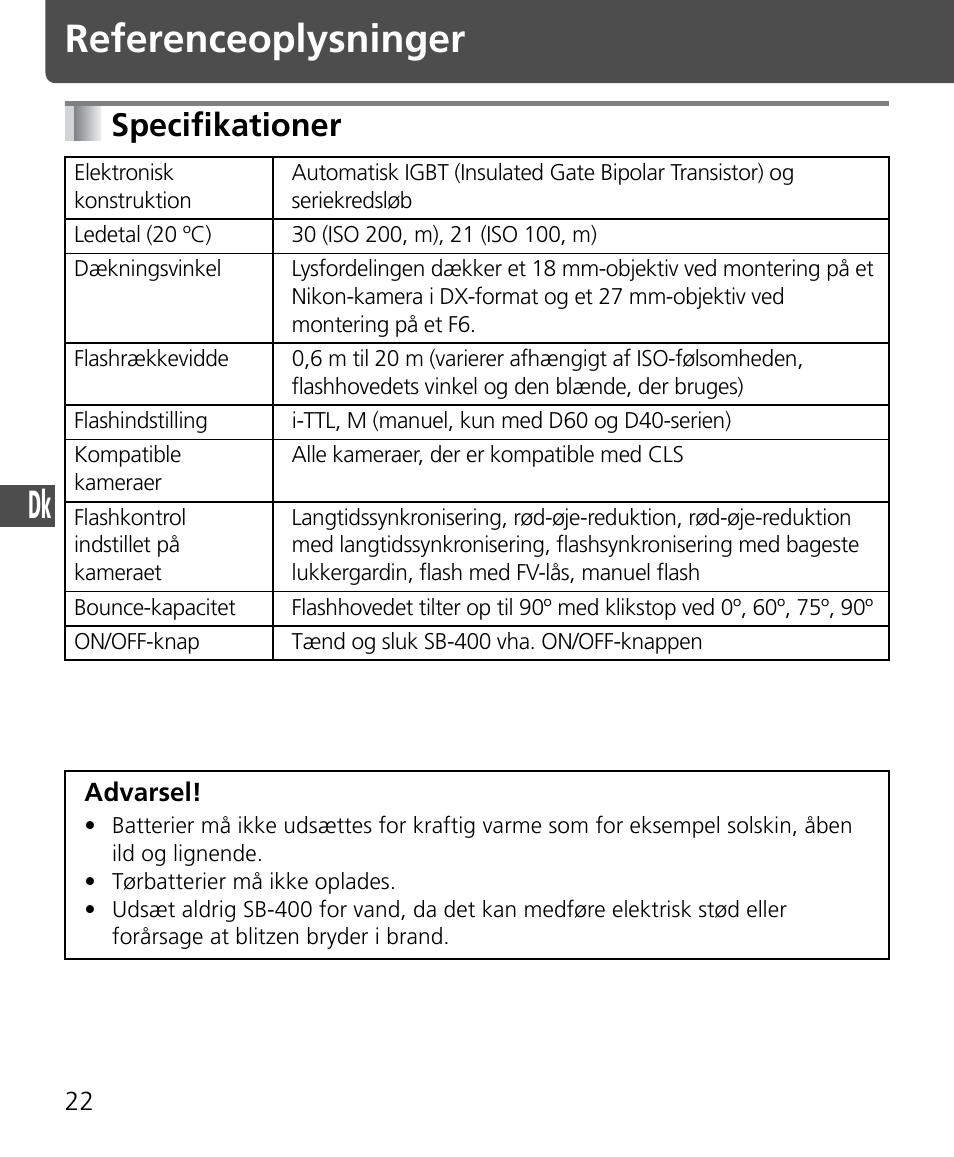 Referenceoplysninger, Specifikationer | Nikon SB-400 User Manual | Page 144 / 220