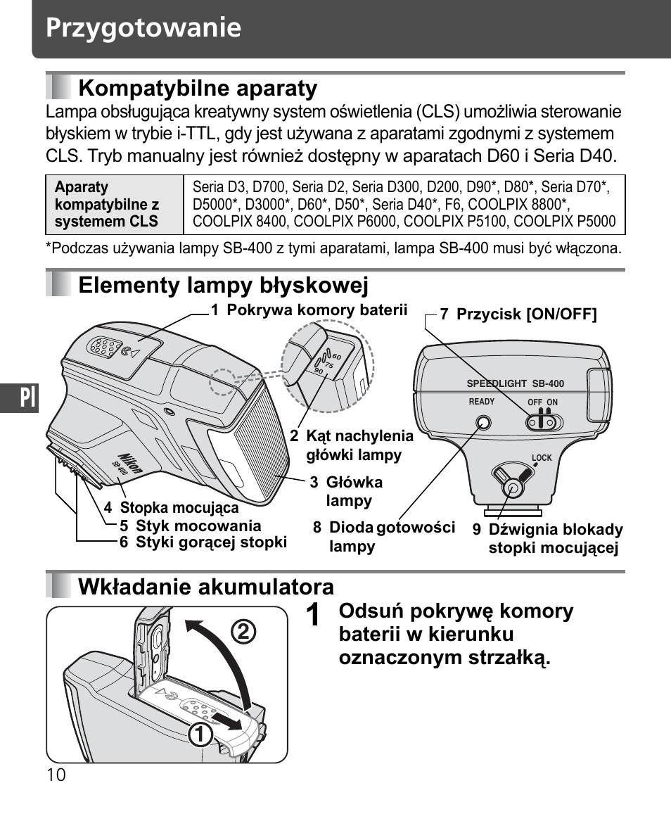 Przygotowanie, Kompatybilne aparaty, Elementy lampy błyskowej wkładanie akumulatora | Nikon SB-400 User Manual | Page 156 / 220