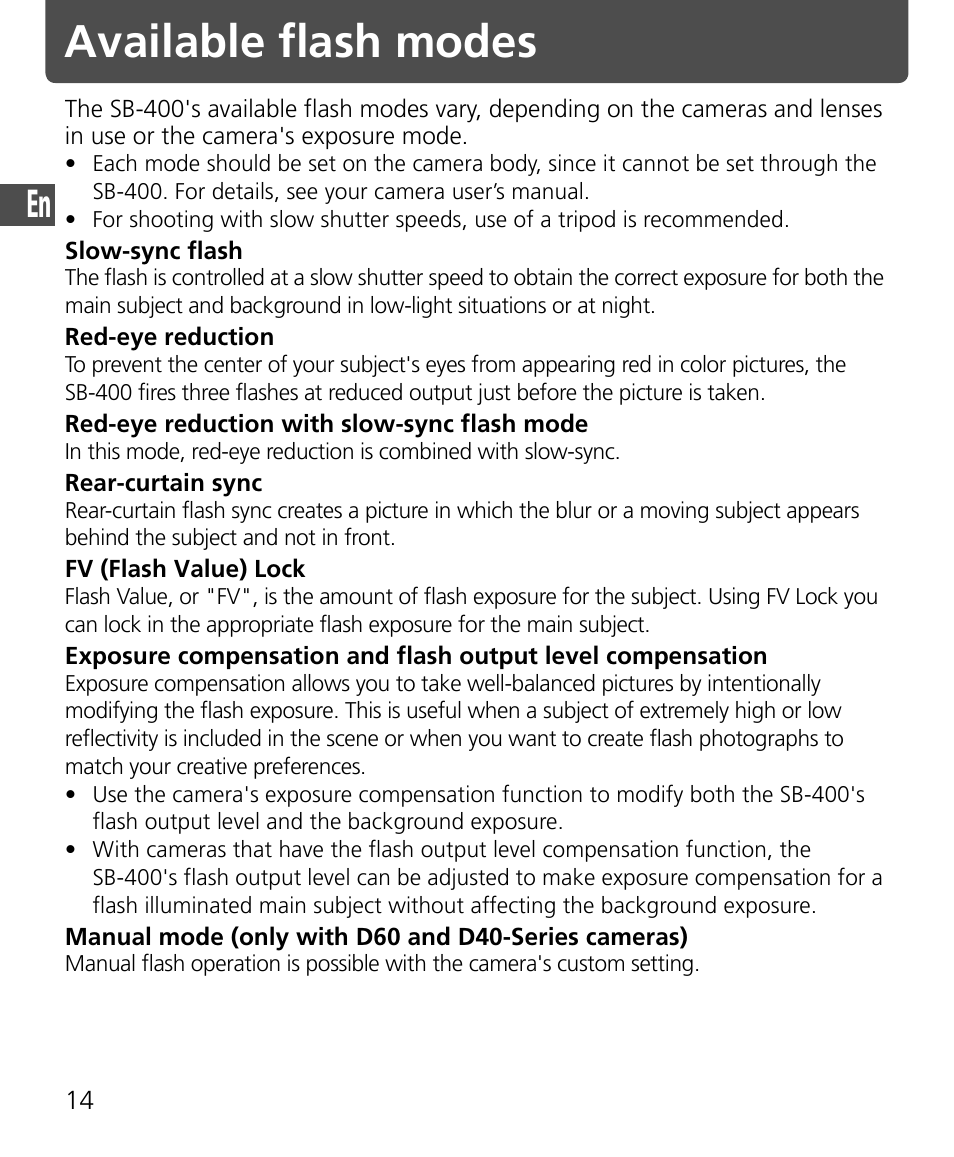 Available flash modes | Nikon SB-400 User Manual | Page 16 / 220