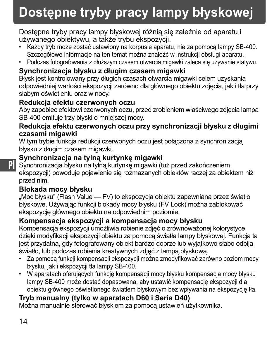 Dostępne tryby pracy lampy błyskowej | Nikon SB-400 User Manual | Page 160 / 220