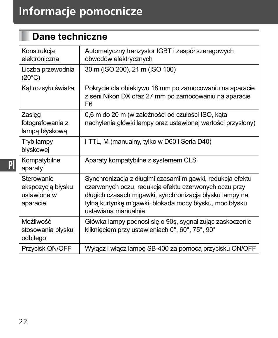 Informacje pomocnicze, Dane techniczne | Nikon SB-400 User Manual | Page 168 / 220