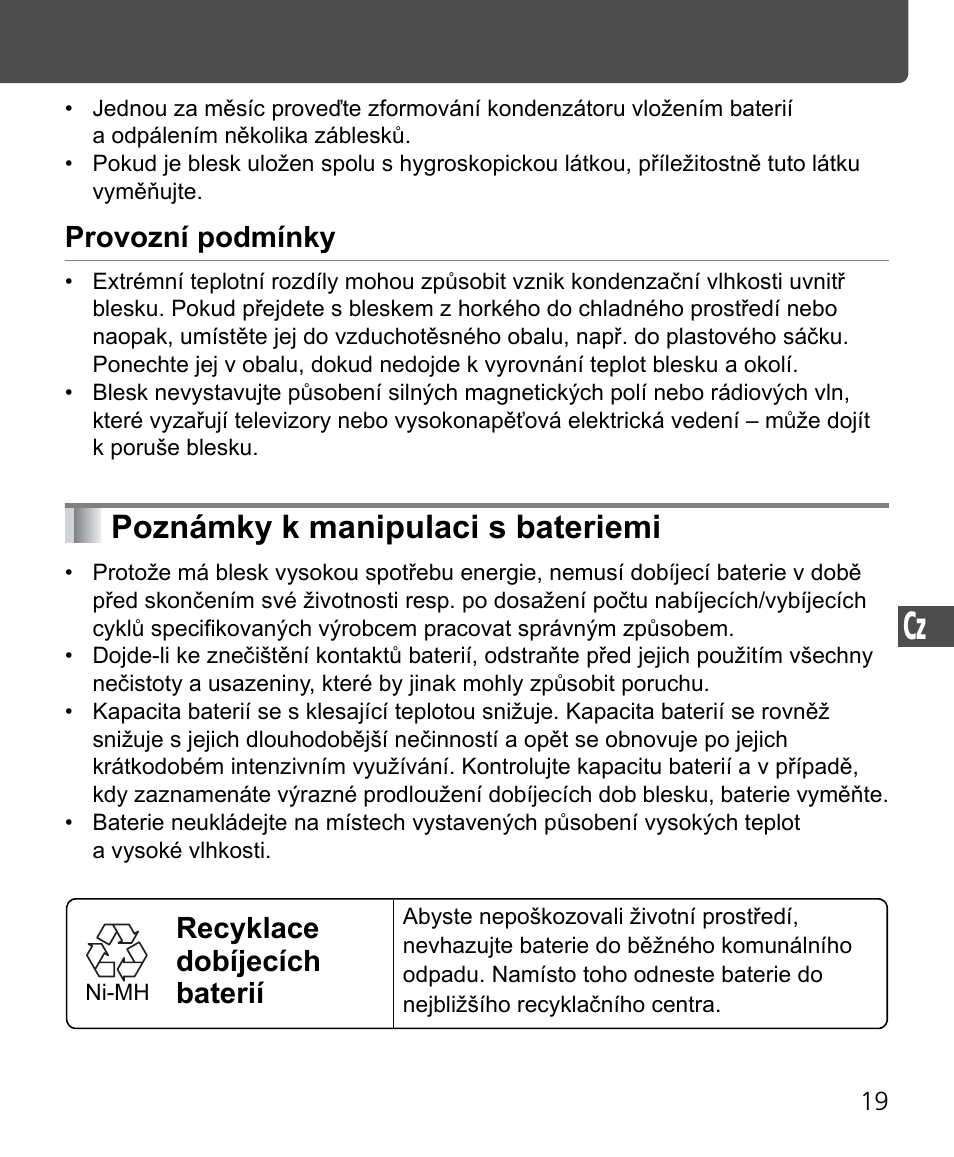 Poznámky k manipulaci s bateriemi, Provozní podmínky, Recyklace dobíjecích baterií | Nikon SB-400 User Manual | Page 189 / 220