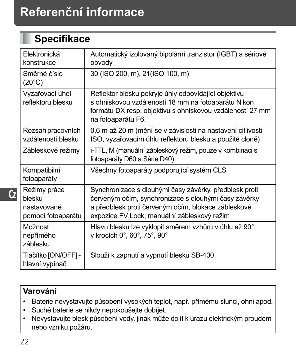 Specifikace, Referenční informace | Nikon SB-400 User Manual | Page 192 / 220