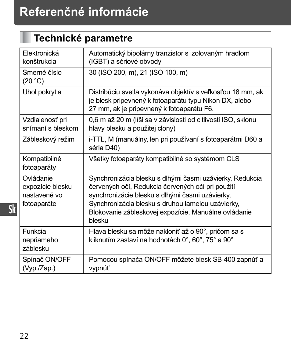 Referenčné informácie, Technické parametre | Nikon SB-400 User Manual | Page 216 / 220