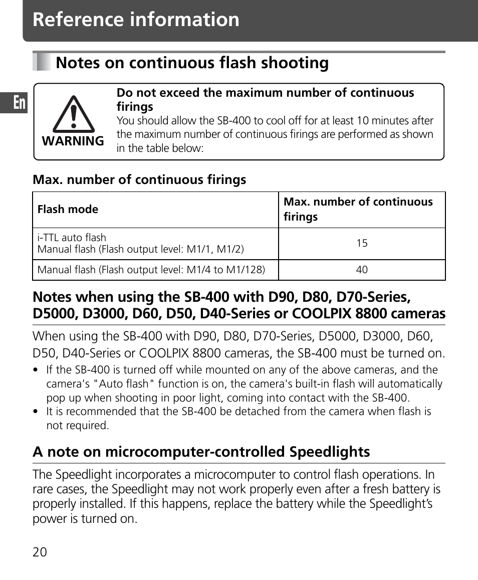 Notes on continuous flash shooting, Reference information | Nikon SB-400 User Manual | Page 22 / 220