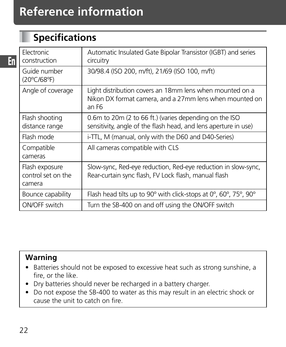 Reference information, Specifications | Nikon SB-400 User Manual | Page 24 / 220