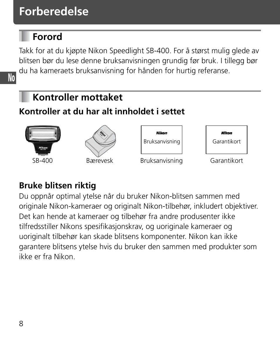 Forberedelse, Forord, Kontroller mottaket | Nikon SB-400 User Manual | Page 34 / 220