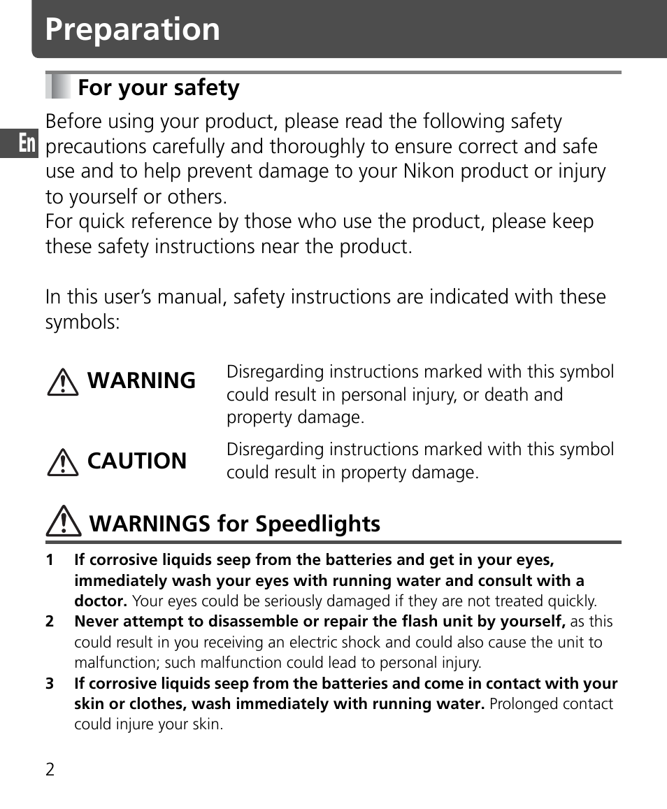 For your safety, Preparation, Warnings for speedlights | Warning, Caution | Nikon SB-400 User Manual | Page 4 / 220