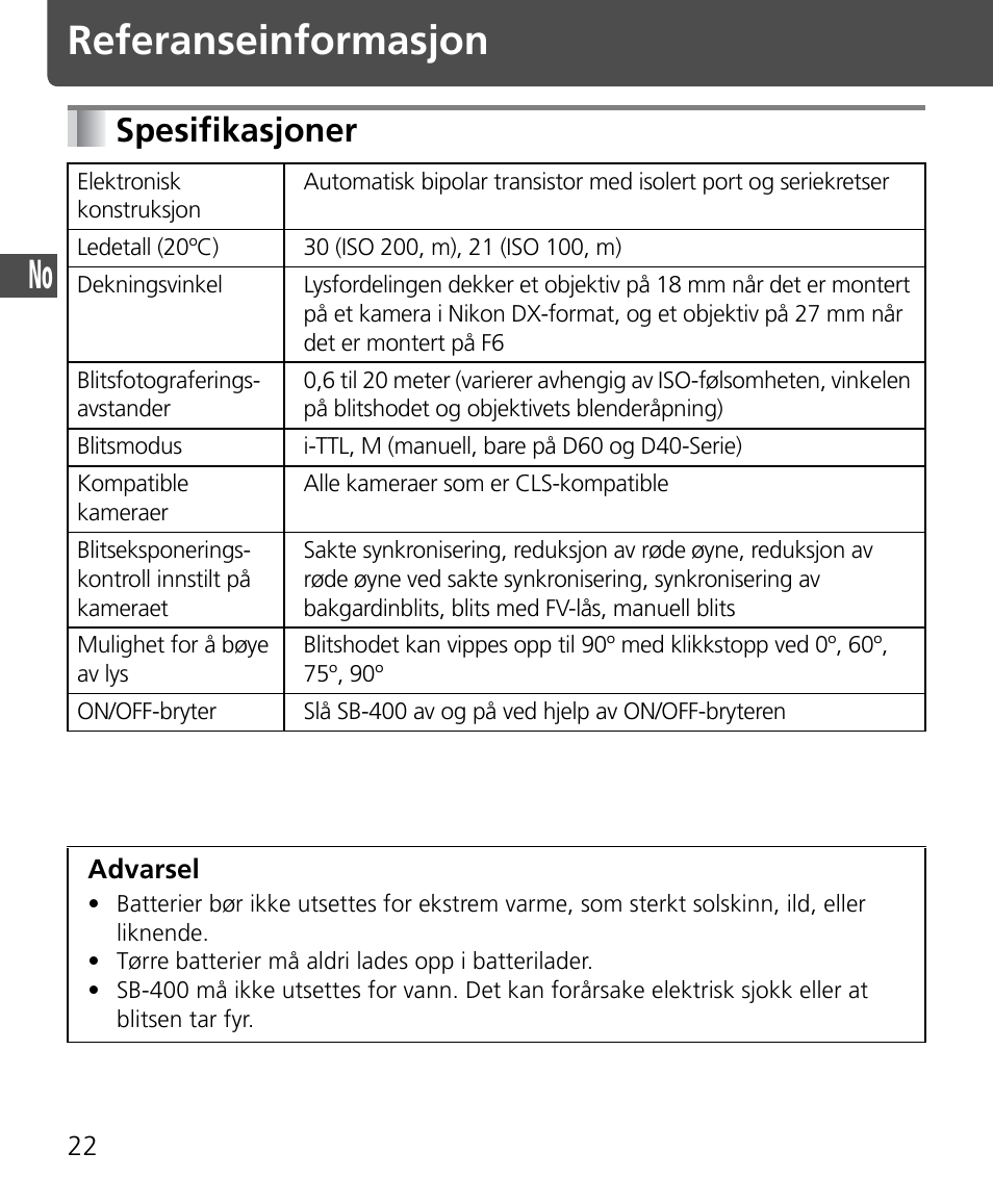Referanseinformasjon, Spesifikasjoner | Nikon SB-400 User Manual | Page 48 / 220