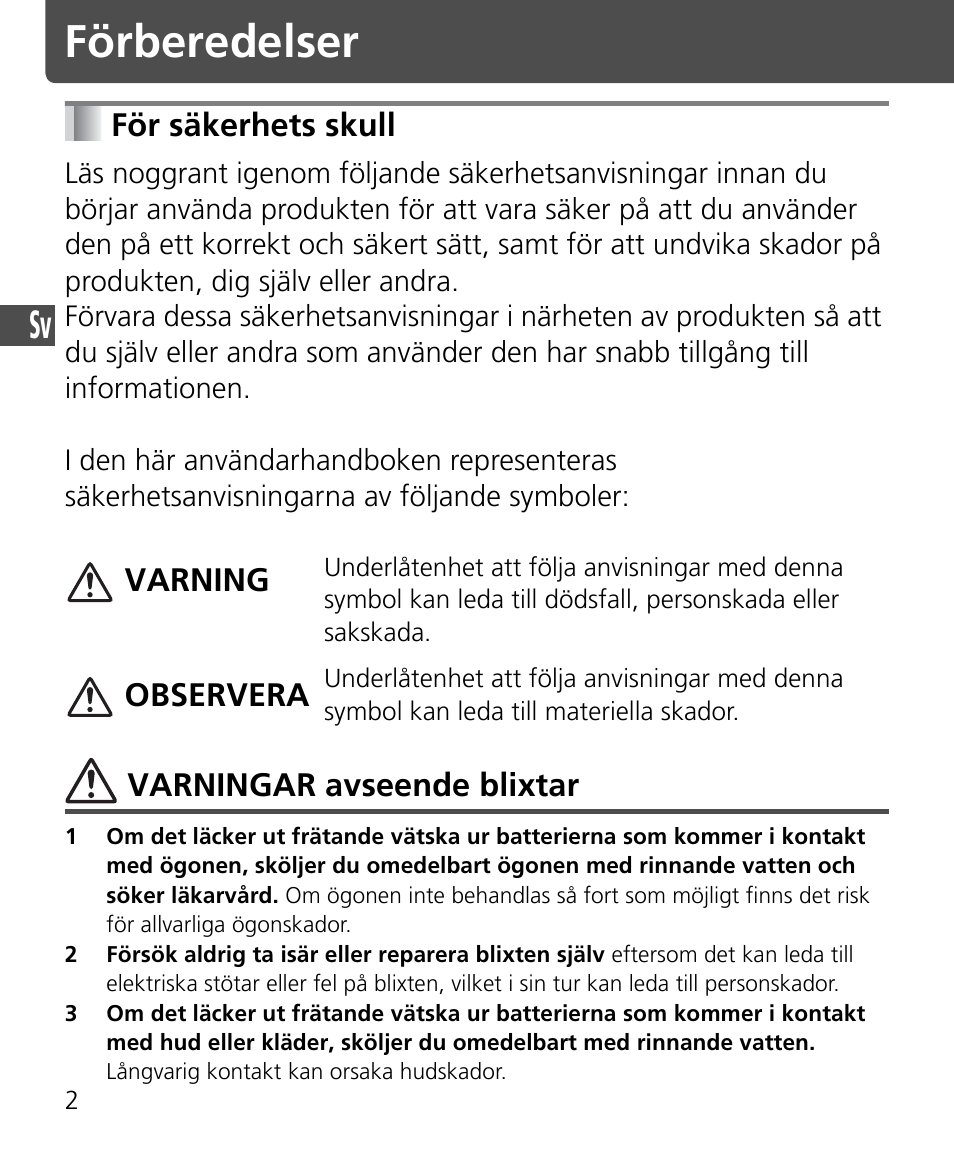 Förberedelser, För säkerhets skull, Varningar avseende blixtar | Varning, Observera | Nikon SB-400 User Manual | Page 52 / 220