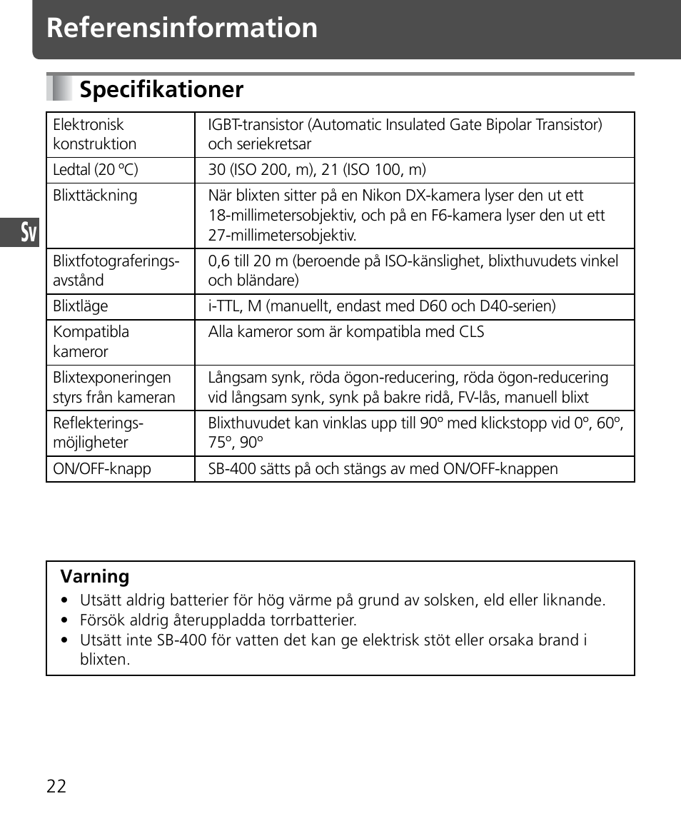 Referensinformation, Specifikationer | Nikon SB-400 User Manual | Page 72 / 220