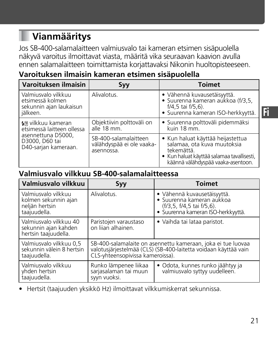 Vianmääritys | Nikon SB-400 User Manual | Page 95 / 220