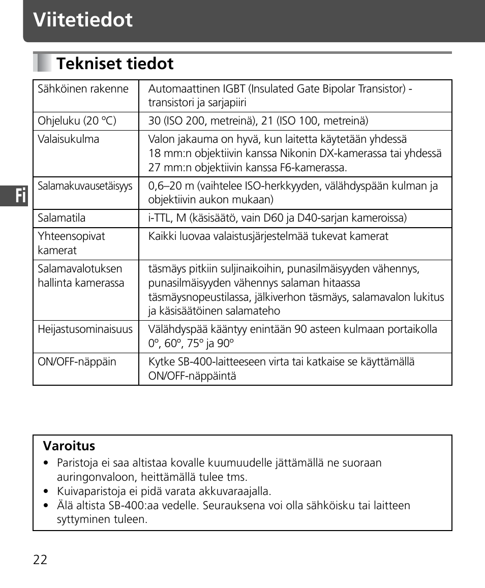 Viitetiedot, Tekniset tiedot | Nikon SB-400 User Manual | Page 96 / 220