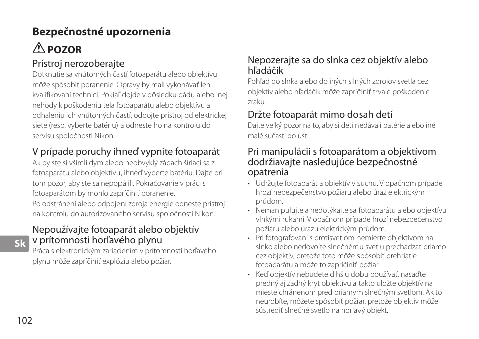 Bezpečnostné upozornenia, Pozor | Nikon TC-20E III User Manual | Page 102 / 148